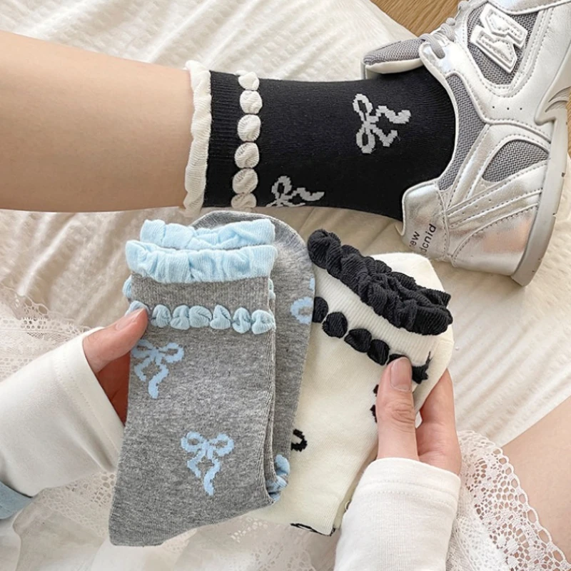 المرأة الربيع والصيف جديد الحلو لوليتا منتصف العجل الجوارب Bowknot الأوسط جوارب أنبوبية Balletcore مزدوجة تكدرت متفوقا طاقم الجوارب