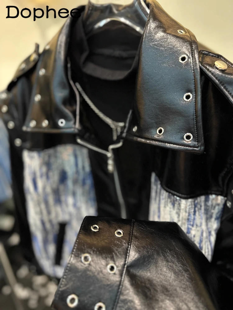 

Men's Sequined Splicing Design Leather Jackets Men's New 2025 Metal Decoration Retro Shoulder Pads Leather Coats Handsome Jacket