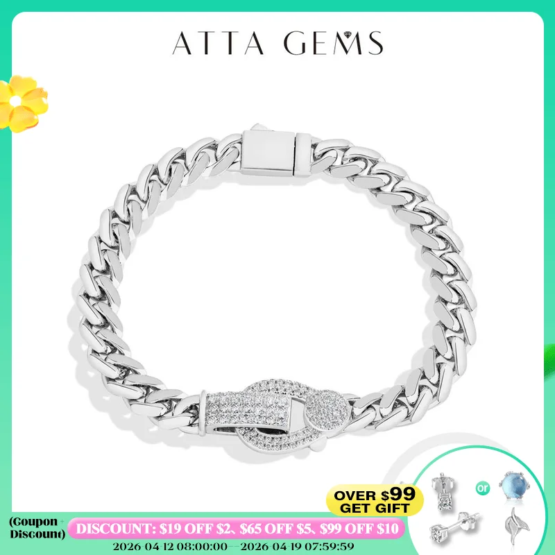 

ATTAGEMS Новые кубинские браслеты для мужчин D VVS1 Муассанит s925 Стерлинговое серебро 18 К Позолоченные Модные хип-хоп наручные украшения Подарки