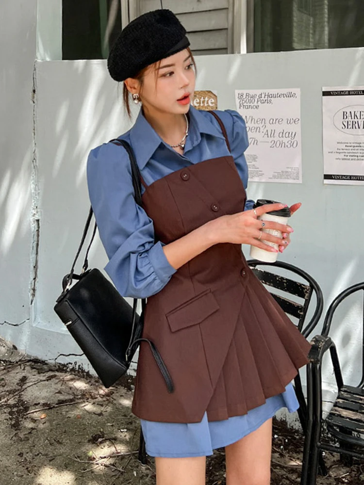 New Spring Autumn Sweet Chic 2 Piece Outfit Women Mujer Casual Shirt Dress And Sexy Strap Slim Asymmetrical Dress Slim Short Set