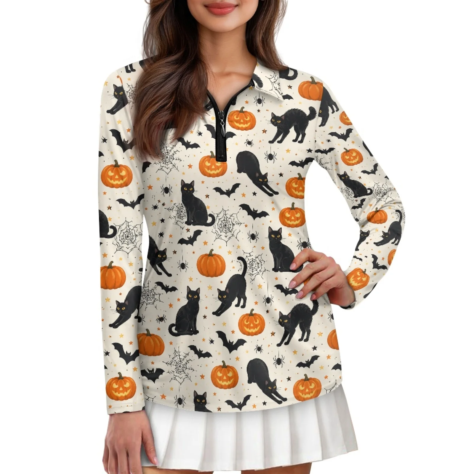PENSTROLL Black Cat Pumpkin Womens Athletic Fit Ladies Golf Polo Shirts Moisture Wicking Athletic Polo Shirts for Travel