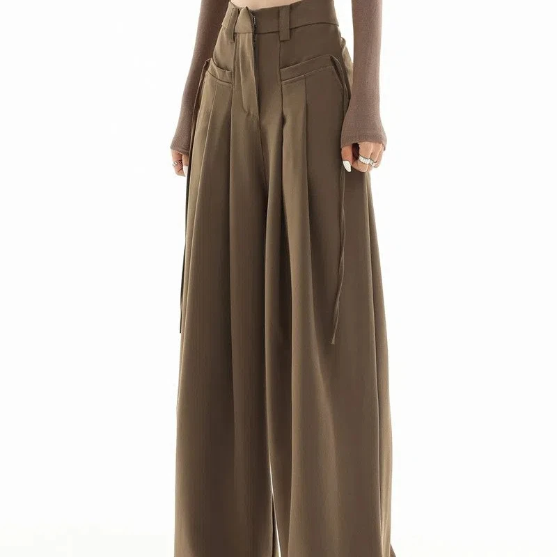 Hong Kong Style Trendy Brown Wide-leg Trousers for Women Spring and Autumn New Loose Straight Drape Casual Floor-length Trousers