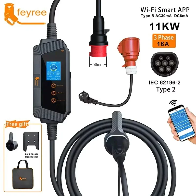 feyree 11KW 16A 3Phase Type2 Portable EV Charger Car Charger Wi-Fi APP Control EVSE Charging Box CEE Plug for Electric Vehicle