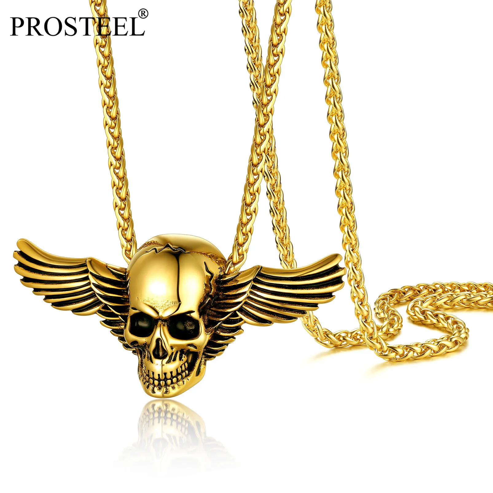 PROSTEEL Gothic Devil Skull Wings Pendant Necklace for Mens Boys Halloween Punk Jewelry in Stainless Steel/Gold/Black PSP40031