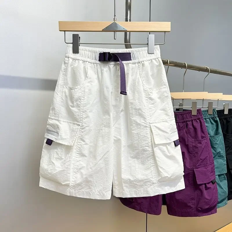 

Мужские короткие брюки с эластичной резинкой на талии и карманами, однотонные мужские шорты-карго, полуширокие длинные мешковатые бермуды, свободные дизайнерские