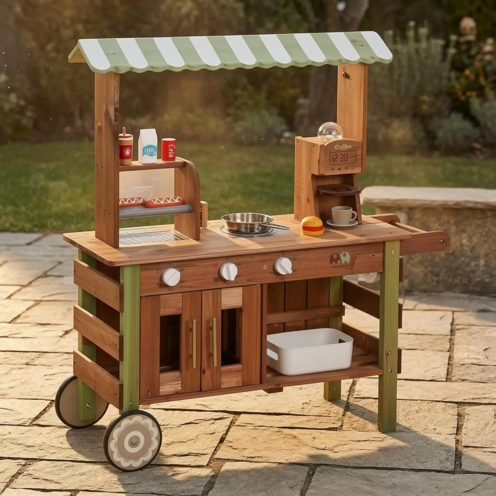 Wooden Market Stand Striped Canopy Children's Market Stand Green Accents Grocery Store Playset