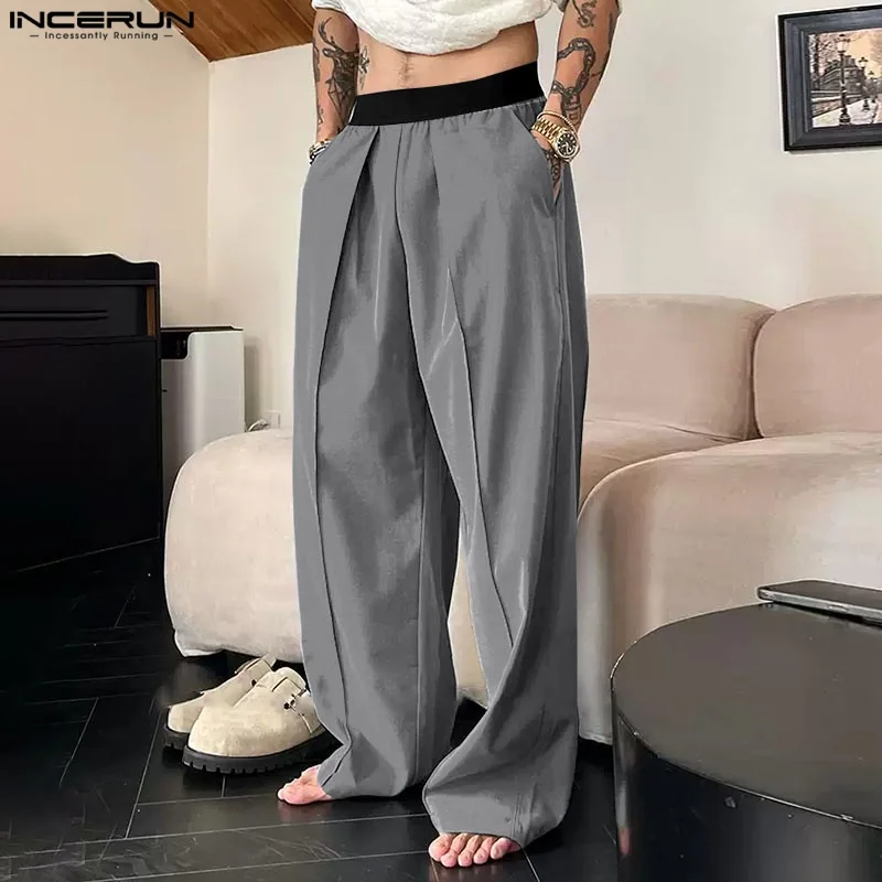 

INCERUN Men Pants Patchwork Joggers Elastic Waist Loose Straight Trousers Men Streetwear 2025 Fashion Casual Male Long Pants
