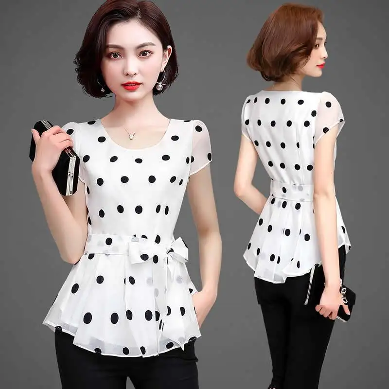 Chiffon undress female summer new print dot short-sleeved fashion blouse slim show thin foreign gas small undress