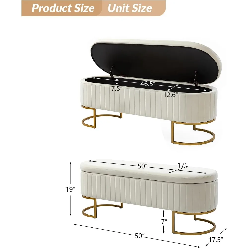 Бархатная скамья для хранения вещей с двумя дополнительными пуфиками, современная длинная скамья для хранения с откидной крышкой и золотым металлом