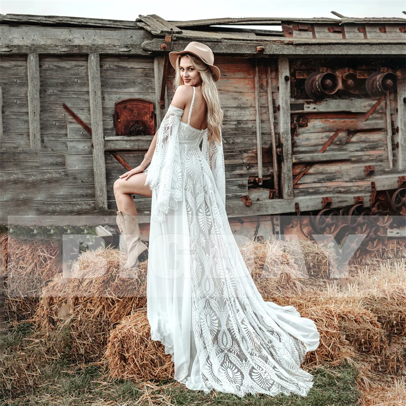 Elegant Mermaid Boho Wedding Dresses Women 2024 White Lace Long Sleeve Open Back Split Bridal Gown Sweep Train Vestidos De Noiva