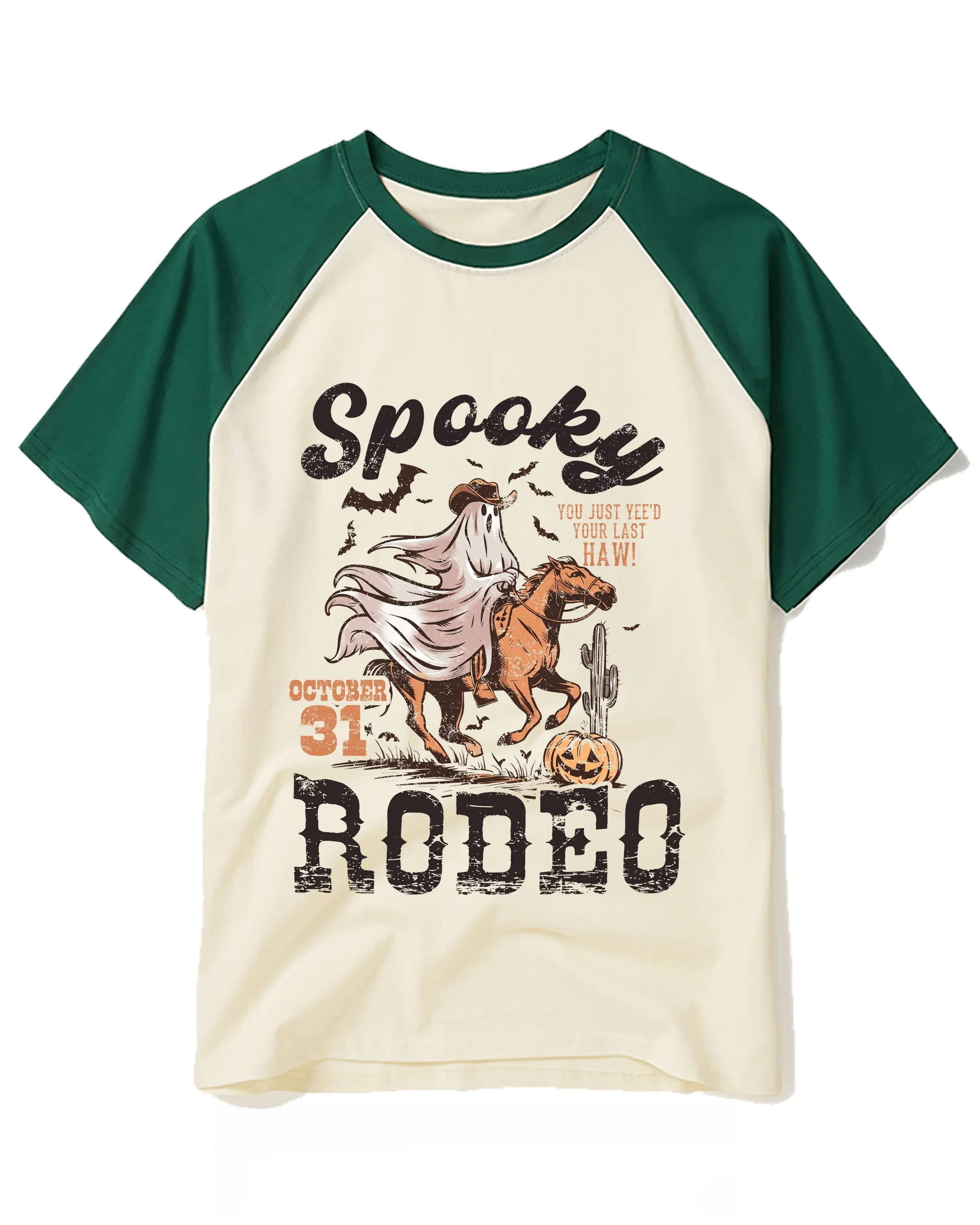 2026 New Halloween Scary Cowboy Competition Theme Raglan T-shirt Western Ghost Cowboy Horse Pumpkin Pattern