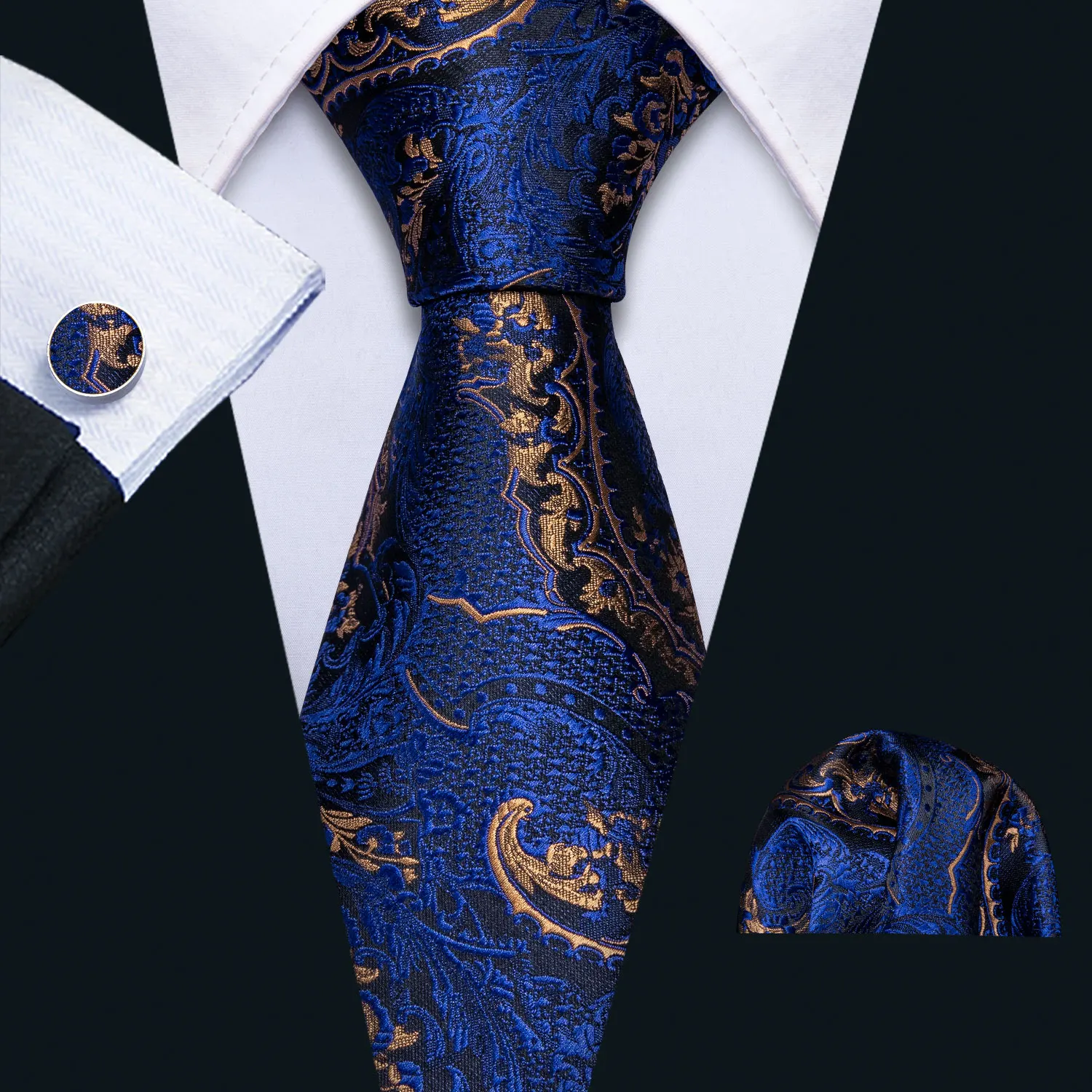 Barry.Wang Navy Royal Blue Men's Tie Handkerchief Cufflinks Set Luxury Formal Jacquard Necktie For Male Wedding Business Party