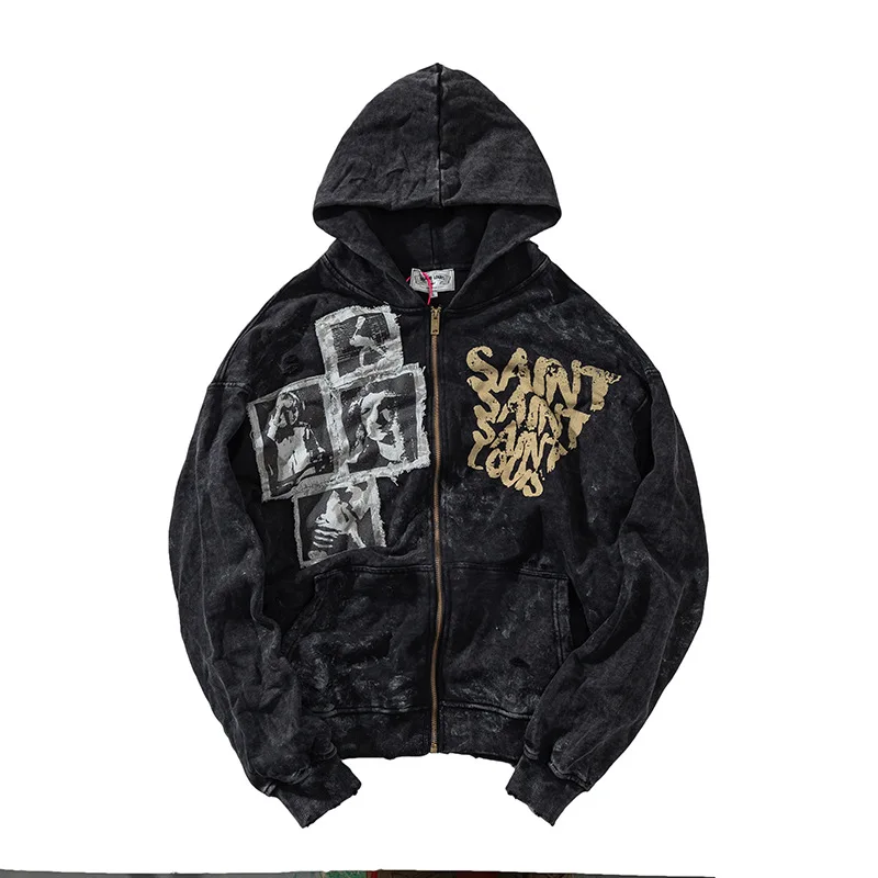 

SSSAINT LOUIS Patched Character Portrait Letterprint Long-Sleeved Zippered Hooded Sweatshirt For Men and Women Trendy