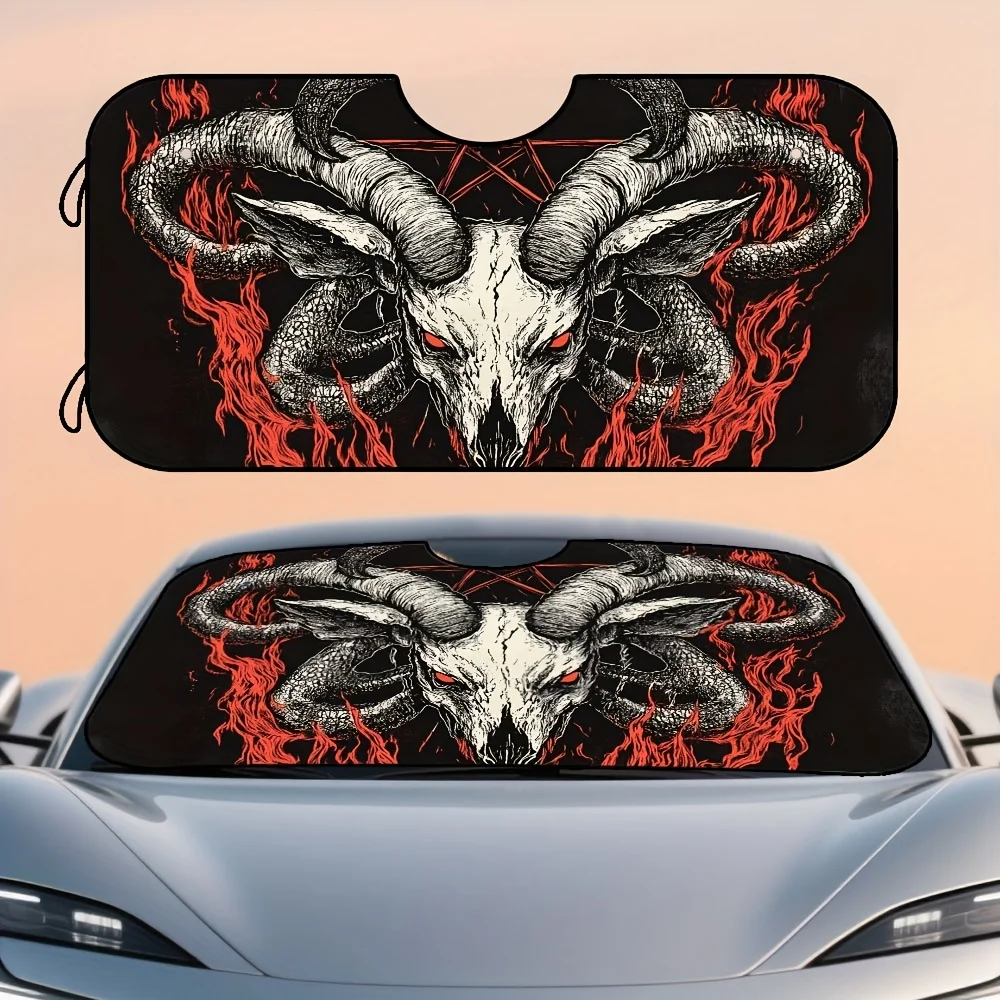 1pc, Goat Satanic Dark Pattern Car Windshield Sunshade, Compact And Portable, Designed For Flexible Use On Roads, Highways, And