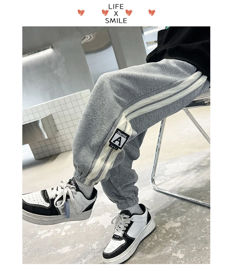 Koreanische Frühlings- und Herbstkleidung für Kinder, Jungen-Sporthose mit Seitenstreifen, Jogginghose für Teenager, Baumwollhose, Alter 5 bis 14 Jahre – Detail 11