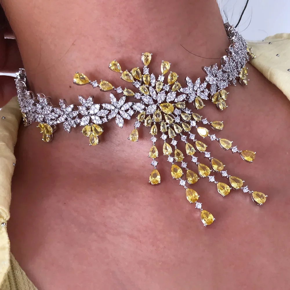 

New Yellow CZ Flower Blossom Jewelry Sets For Women Wedding Party Zircon CZ African Dubai Bridal Jewelry Set Dance Party
