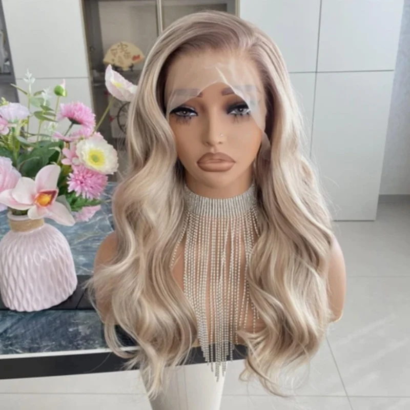 

Brown Blonde Side Part Lace Front Wig Long Body Wave Synthetic Layered Heat Resistant Wig For Women Natural Hairline Lace Wig