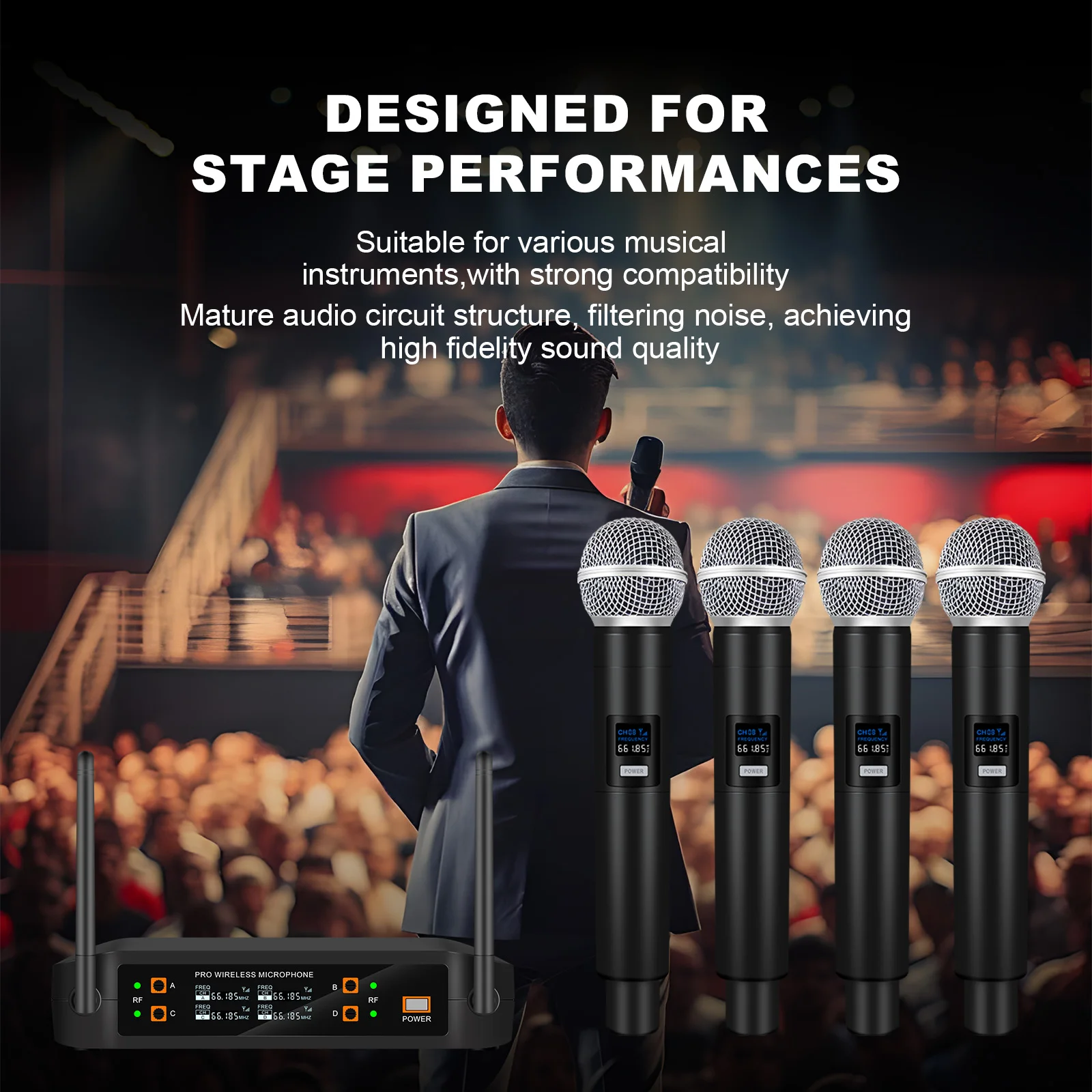 Wireless Microphone, Professional 4 Channels Karaoke Handheld System for Home Karaoke, Meeting Party Church DJ Wedding Home