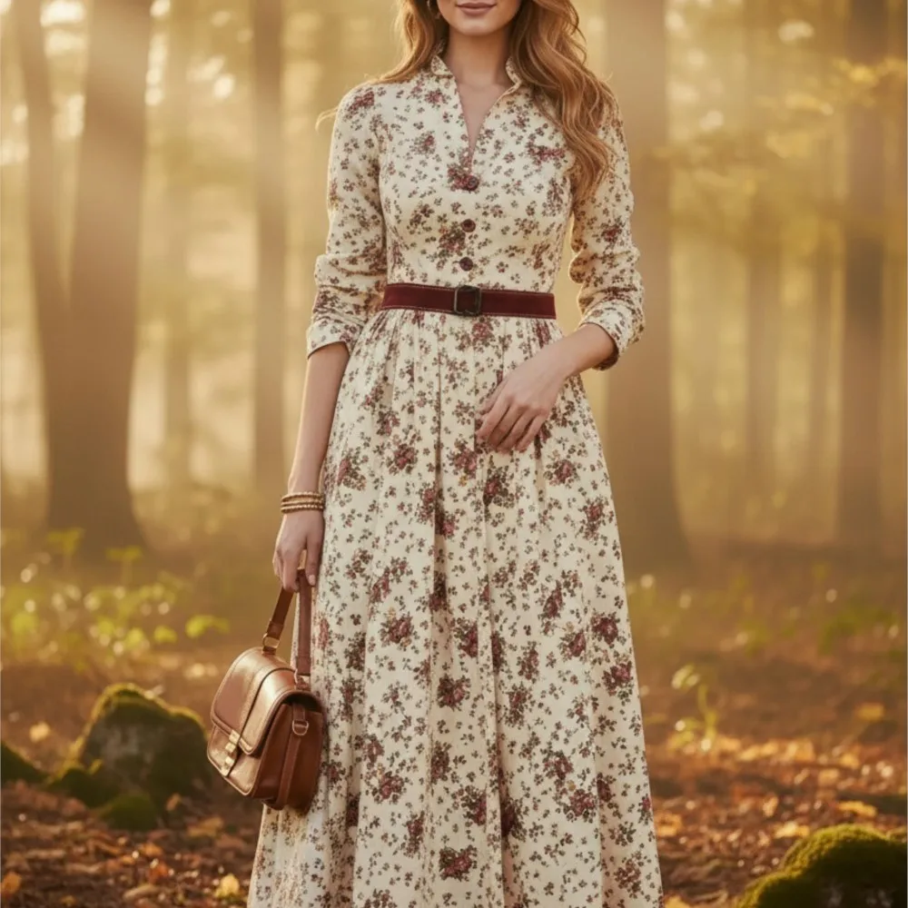 

Elegant Long Dress With Retro Spring Summer Fashion Slim Fit Printed Long-sleeved V-neck Waist Mid-waist Spliced ​​A-line Dress
