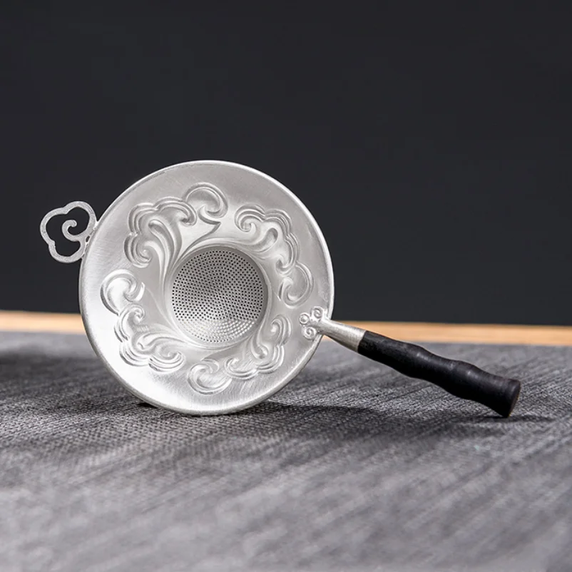 Sterling Silver 999 Auspicious Clouds Tea Leaking, Handmade Tea Filter, Sandalwood Handle, Anti-Scalding Household Kungfu Teaset