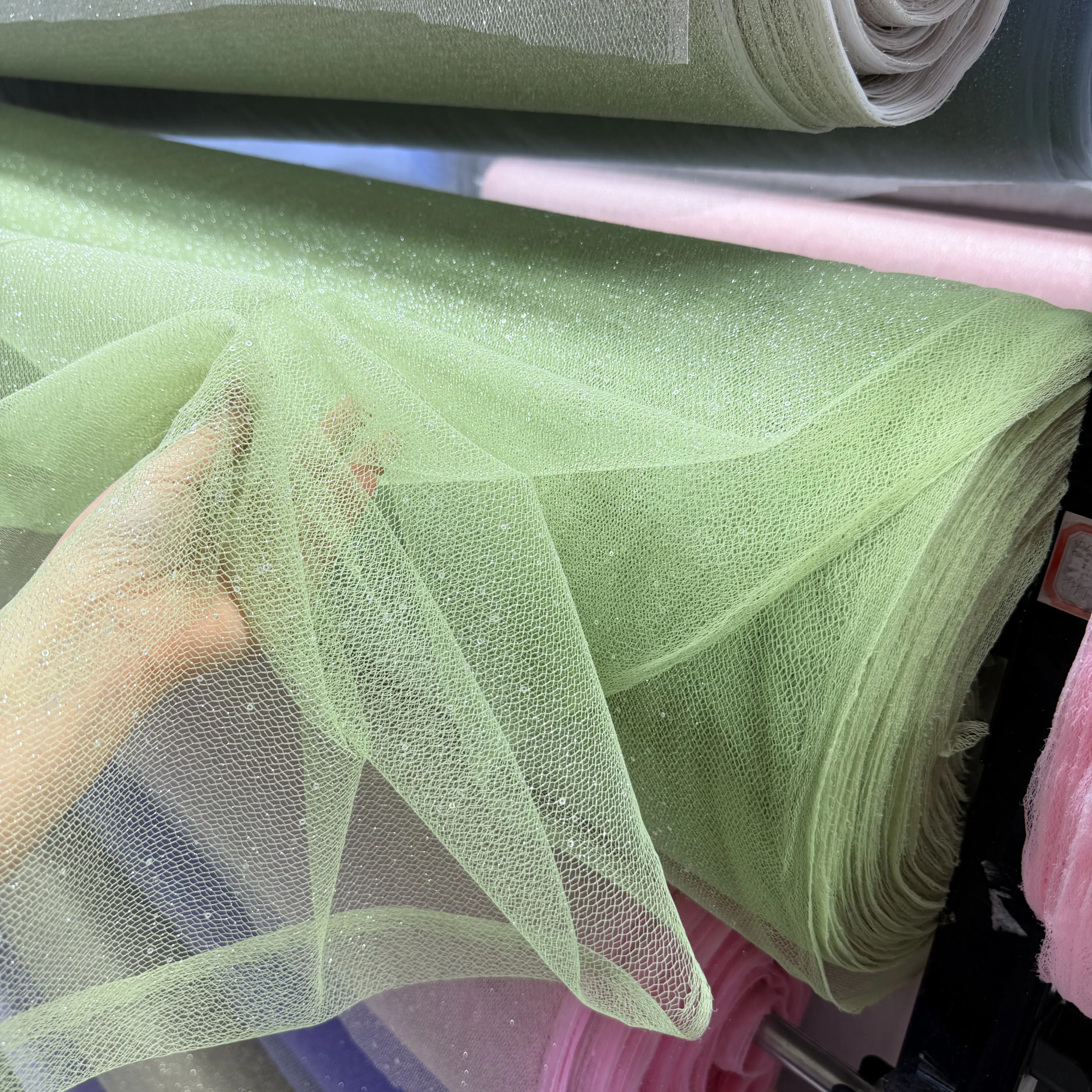 New Green Champagne Glitter Mesh Shiny Draping Fabric for Wedding Dress Clothing Handmade Finish Fabric