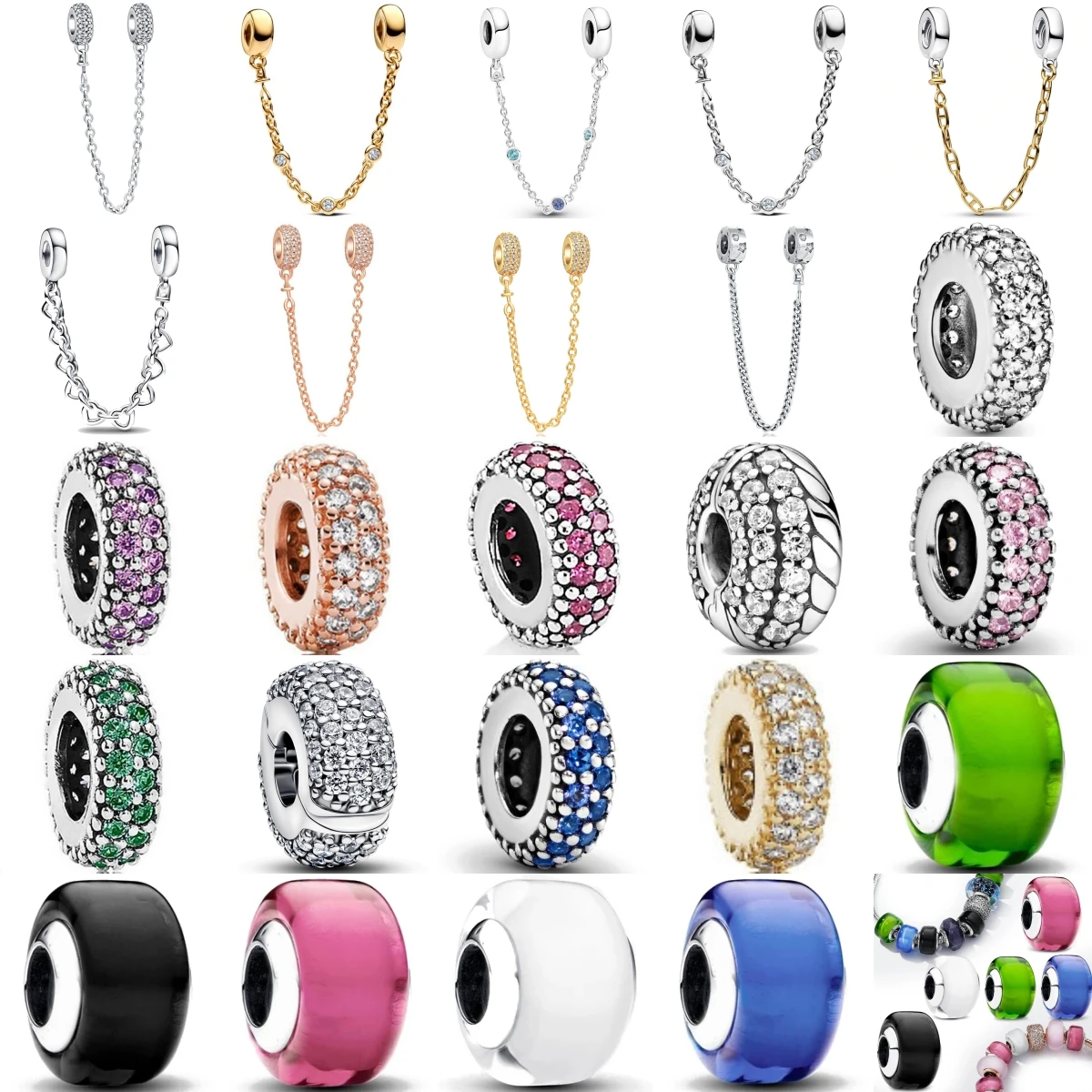 925 Sterling Silver Colorful Glass Beads Charm Bead Security Chain Fit Original Pendant Bracelet DIY Women Jewelry Accessories