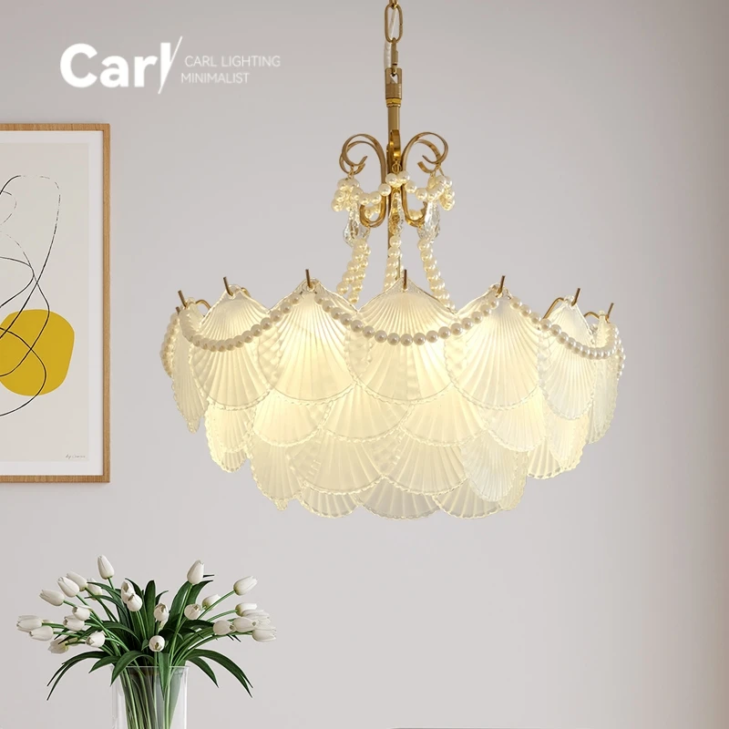 French Cream Style Shell Crystal Chandelier Living Room Light Luxury and Minimalist Room Master Bedroom Chandelier LED Lighting