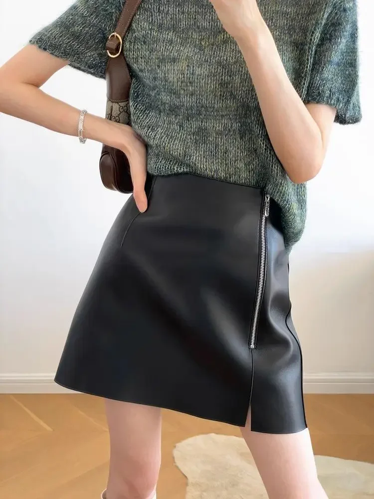 2024 Autumn/Winter  Leather  Half Body Skirt Women's Fashion Irregular Black PU Leather  High Waist A-line Hip Wrapping Skirt