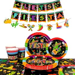 Mexican Themed Fiesta Party Supplies,90pcs Paper Tableware Set Includes Mexican Fiesta Plates Cups Napkins etc for 20 Guests