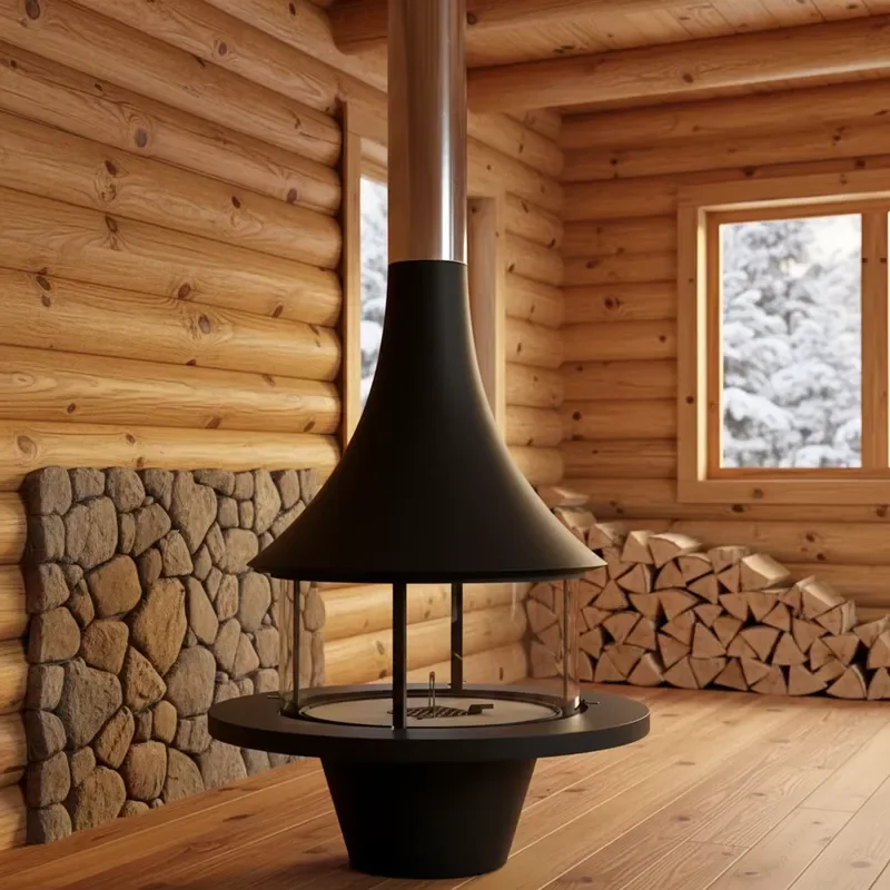 Modern Hanging Wood Fireplace 360 Degree Rotating Ceiling Mounted Indoor Heater High Temp Glass Home Decor Living Room