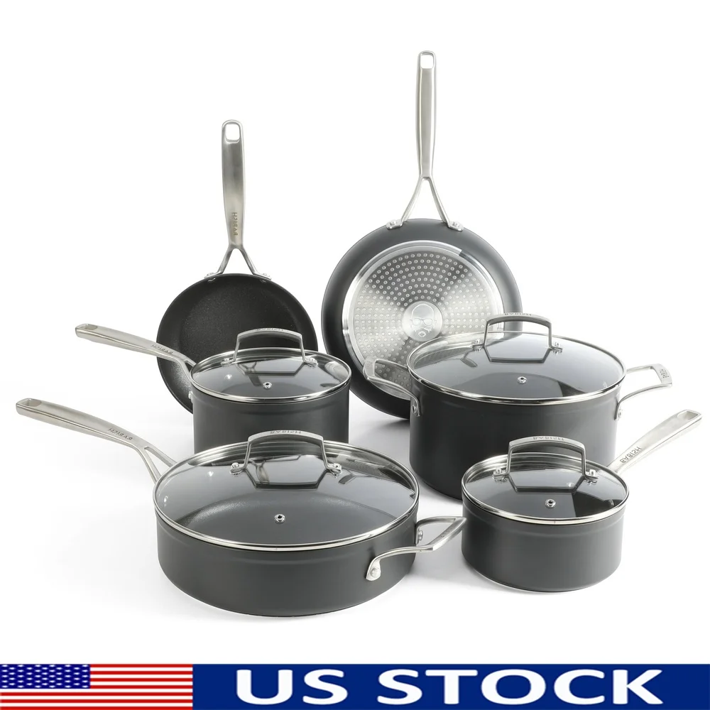

10-Piece Non-Stick Cookware Set Hard-Anodized Aluminum Scratch-Resistant Induction Compatible Oven Safe Dishwasher Safe Y-Handle
