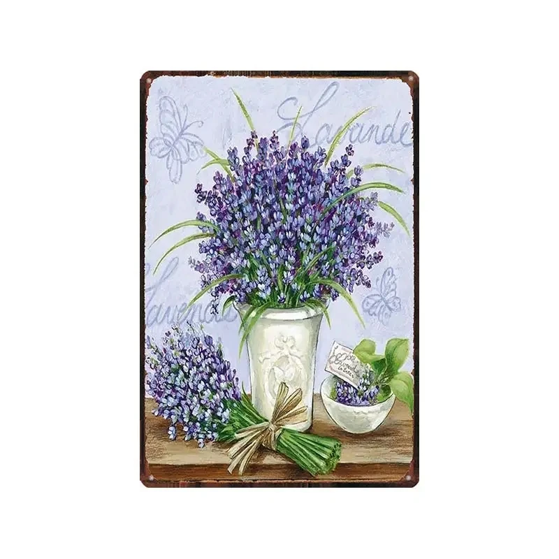 Garden Lavender Metal Tin Signs Plate Purple Flower Farmhouse Plaque Wall Art Home Vintage Coffee Club Decoration Friend Gift