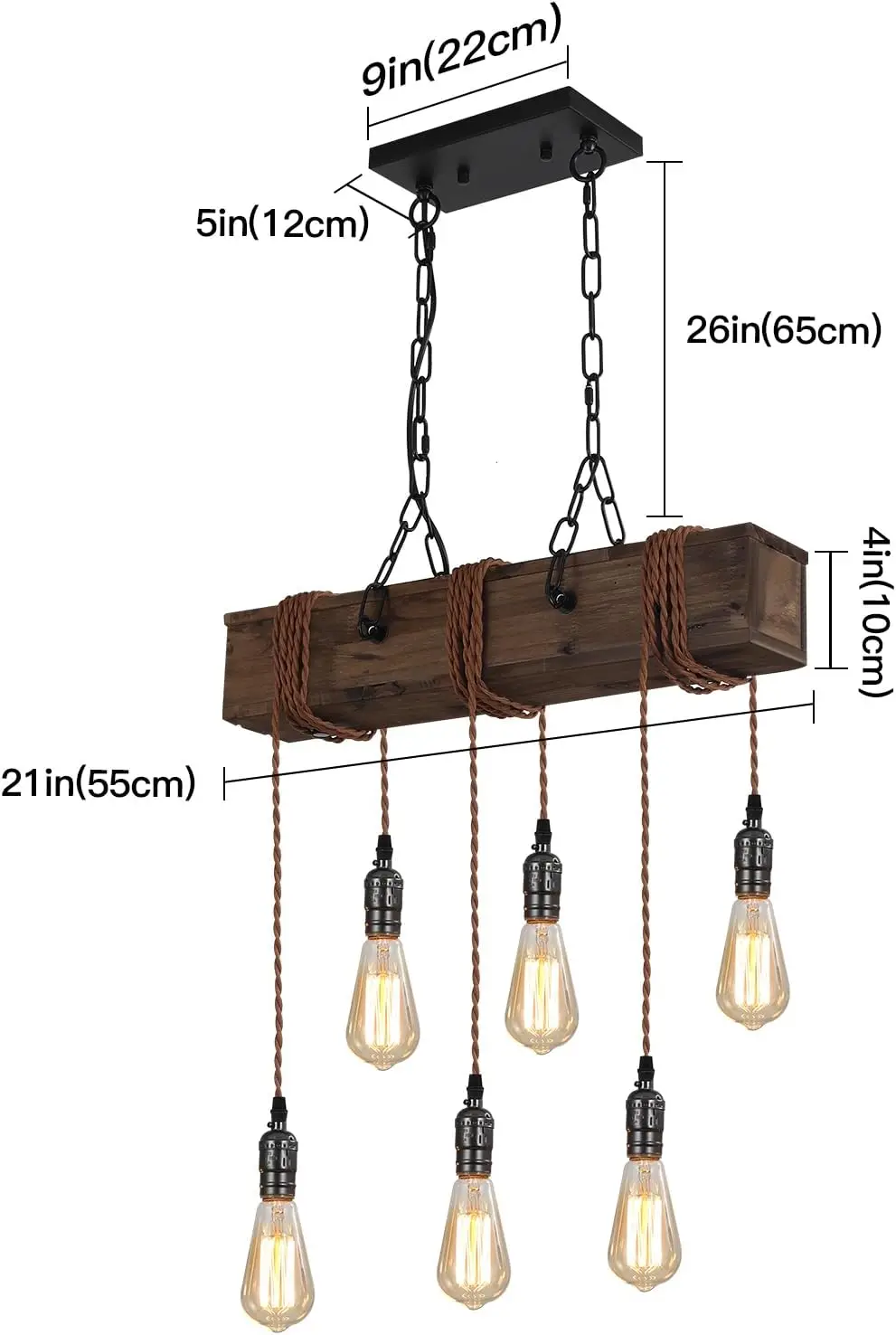 6-Light Farmhouse Chandelier - Rustic Wood Adjustable Pendant Light for Dining Room, Kitchen Island & Bar