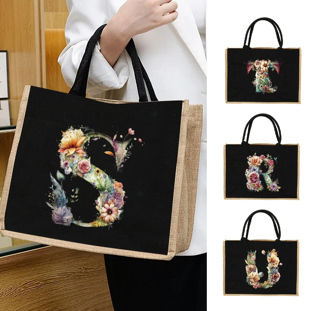 New Environmental Protection Gunny Bag Linen Shoulder Bag Floral Lettered Print Pattern Jute Imitation Sack Women's Shopping Bag