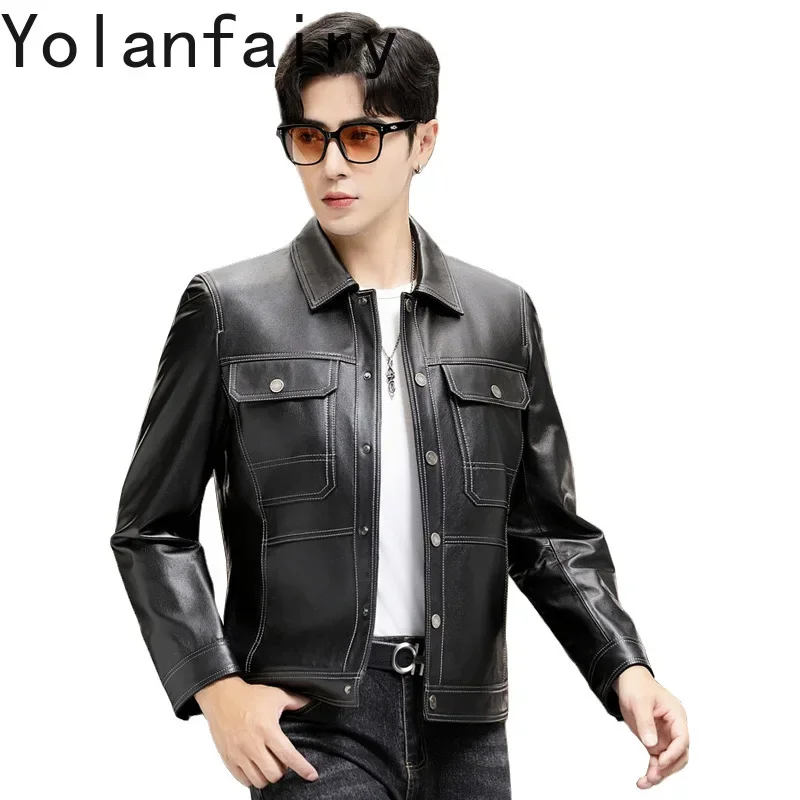 

YOLANFAIRY Top Quality Men's Head Layer Cowhide Leather Jacket American Casual Short Genuine Leather Coat Motorcycle Jackets