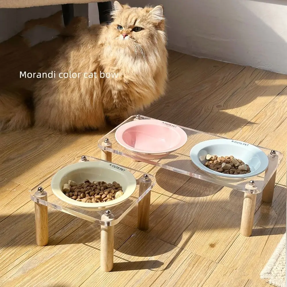 

Single/Double Bowl Cat Bowl with Acrylic Stand Increased Height Protect Cervical Spine Ceramic Pet Food Basin Non-Slip
