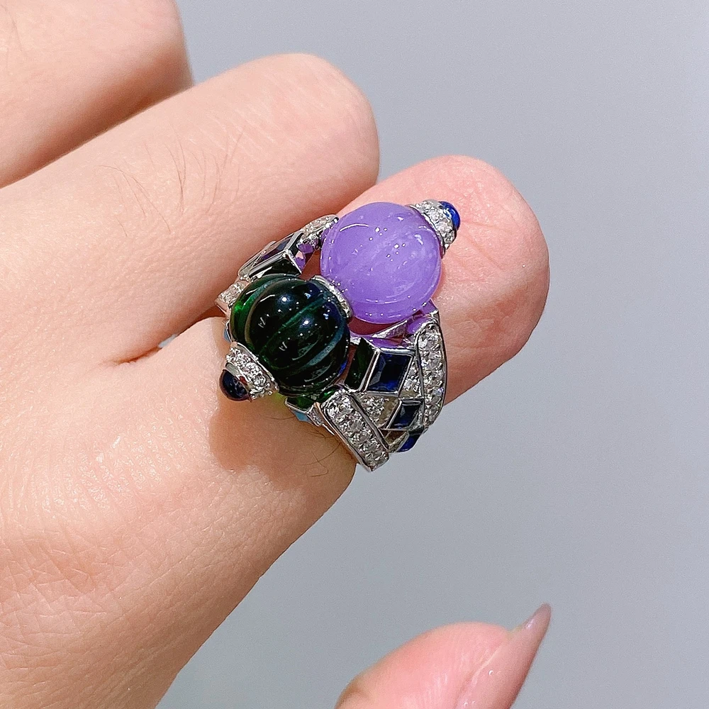 New High Quality Updated 925 Sterling Silver Synthetic Green Purple Gemstones Fruit Ring Luxury Fine Jewelry For WOmen Party