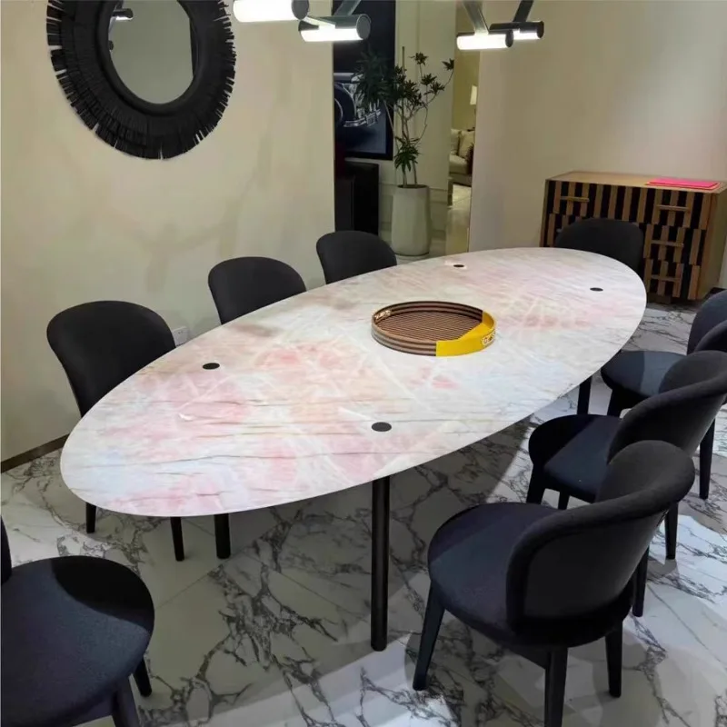 Italian Light Luxury Pink Jade Marble Dining Table Villa Home Oval Dining Table Designer High-end Dining Table