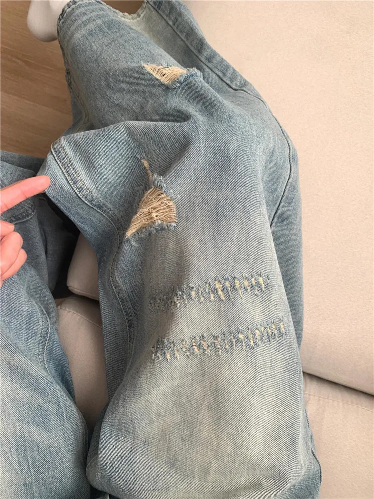 

Retro American Vibe Torn Denim orts Women's Summer Thin Wa High Waist Extended Straight Wide Leg Pants Deep Color