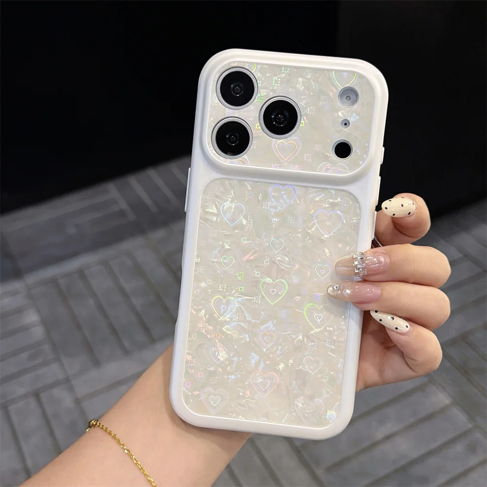 Glitter Dazzling Love Heart Shell Phone Case For iPhone 14 15 16 17 Pro Max Camera Lens Protection Shockproof Bumper Back Cover