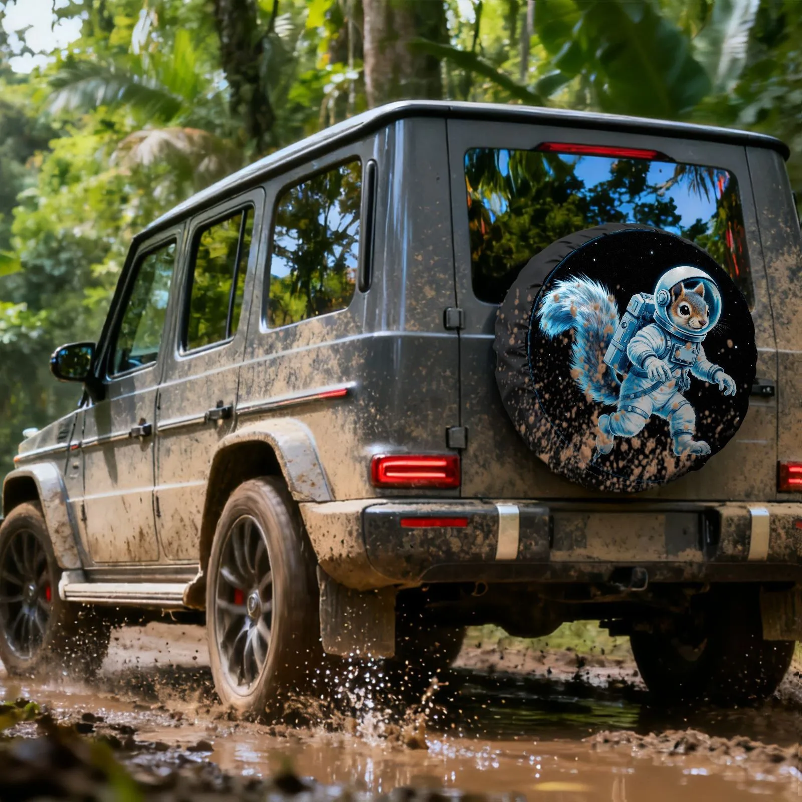 

Astronaut Squirrel Tire Cover Cartoon Print Polyester Spare Wheel Protector for SUV