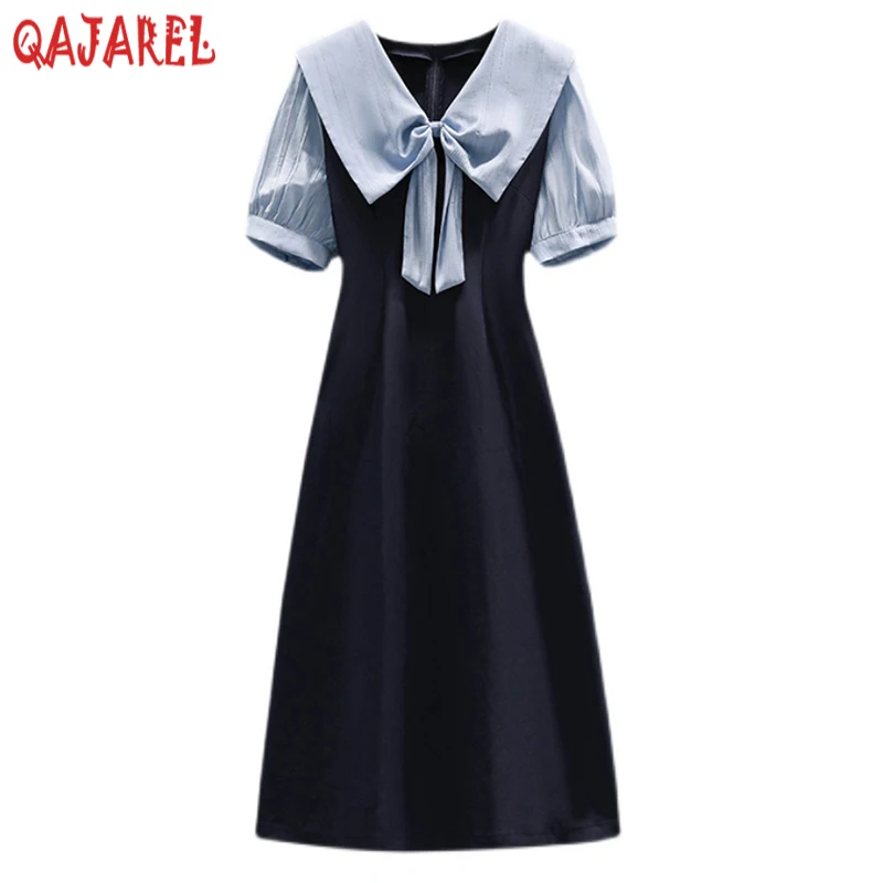 

Women Short Sleeve Patchowrk Bow Doll Collar Midi Dress Summer Elegant Bodycon Office Lady Dress 2024 Korean Vintage Party Dress