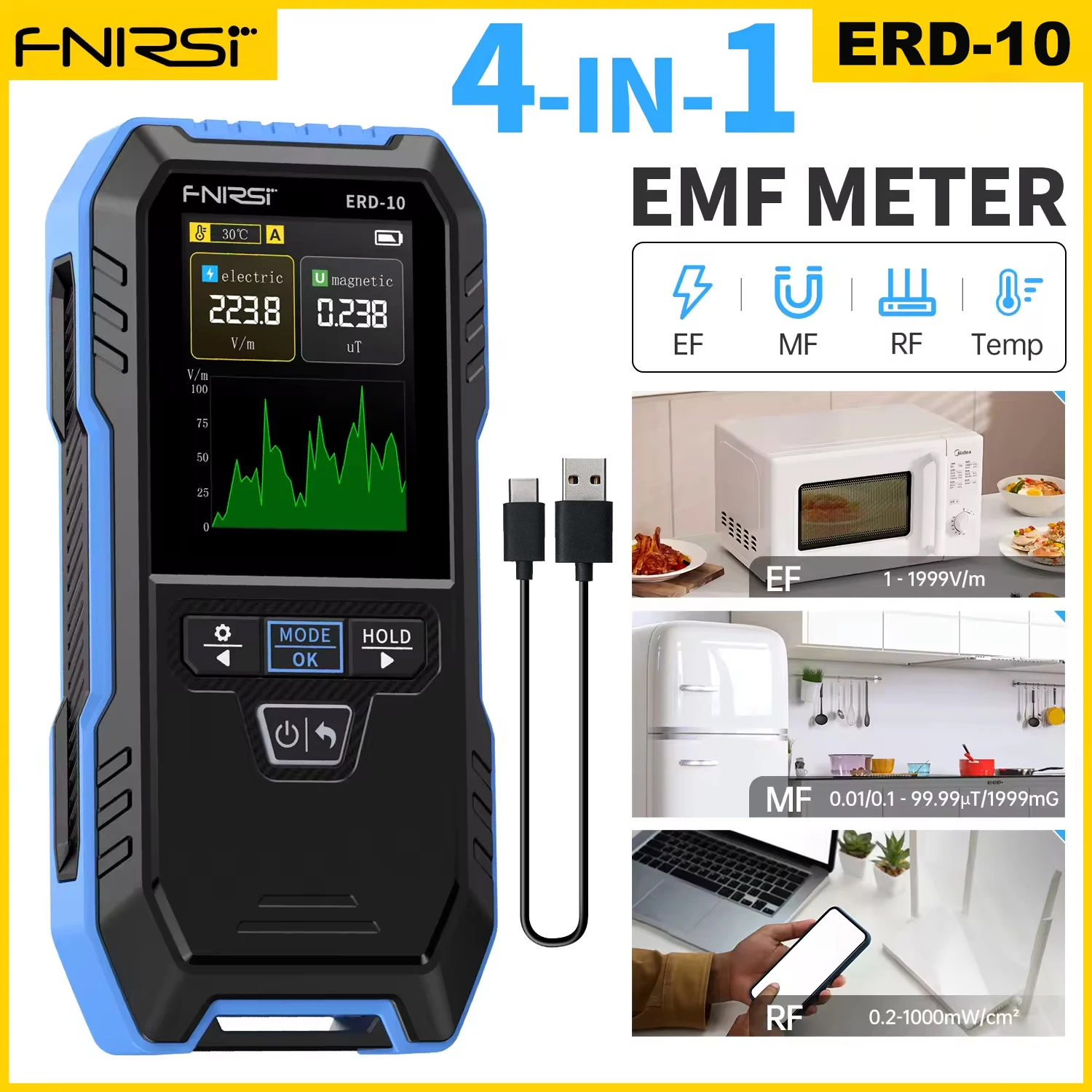 ERD-10 Elektromagnetischer Strahlungsdetektor – 4-in-1 Messgerät Für Zuhause, Büro & Unterwegs, Mit Farbdisplay