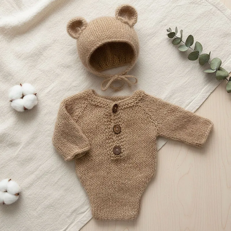 Newborn Photography Outfit Fluffy Mohair Wool Romper Shorts Bear Hat Baby Girl Summer Clothes Shoot Costume Newborn Photo Props