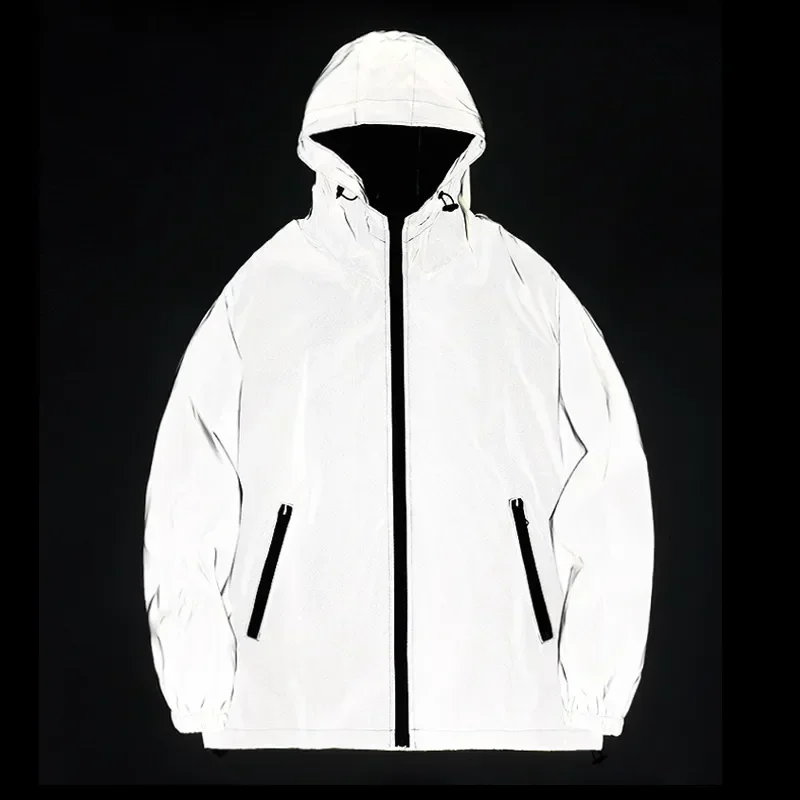 

Night Reflective Jackets Double fabric Windbreaker Hooded Jacket Men Hip Hop Dancer singer Waterproof Zipper Coats Outwear