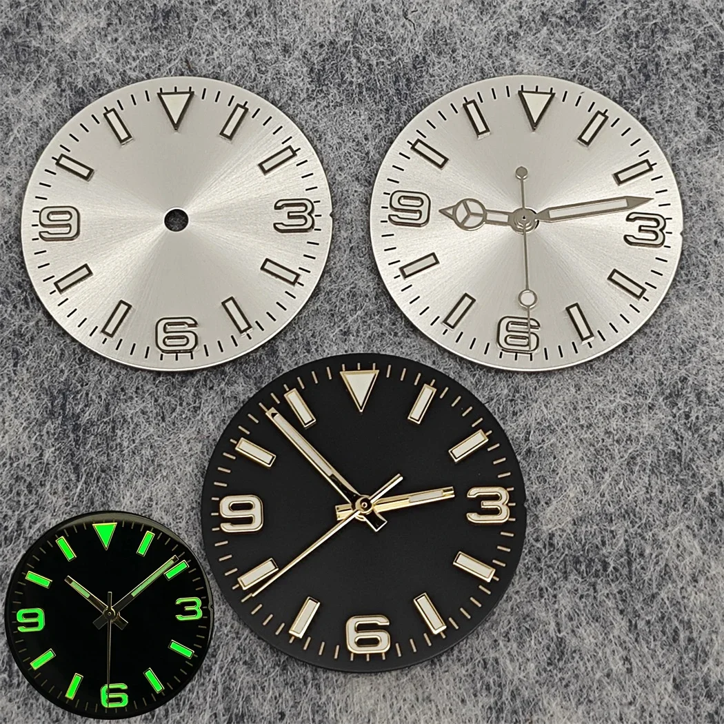 28.5mm Watch Dial + Hands Green Luminous Sun Pattern Modified 369 Nail Dial Watch Faces Accessory Fit NH35/ NH36/ 4R36 Movement