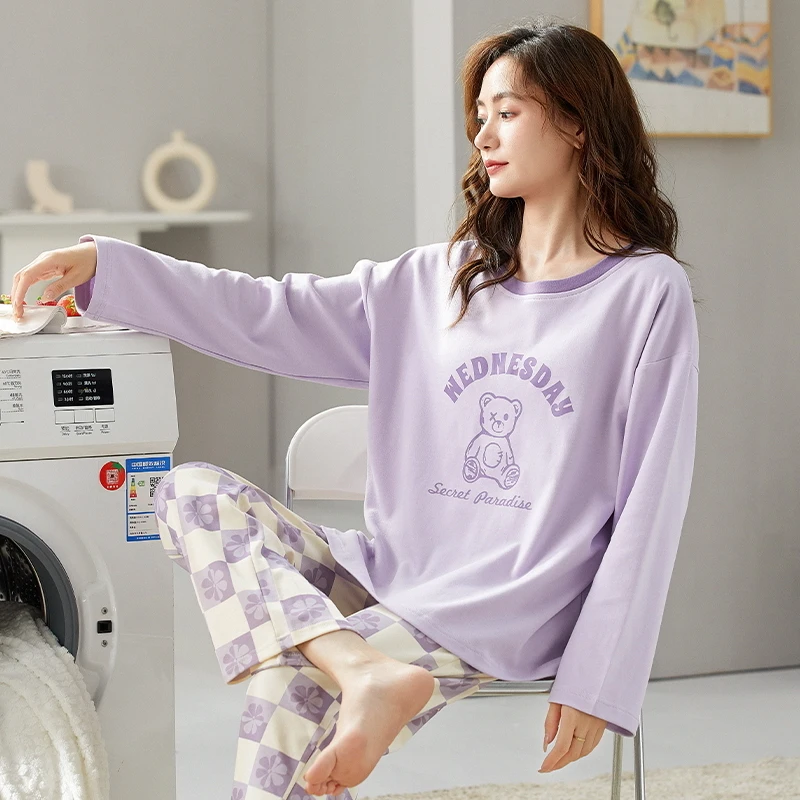 Bear Pajamas Women Cute Kawaii Sleepwear Long Sleeves Long Pants Autumn Winter Cotton Ladies Pyjamas Pullover Pijamas Girls Soft