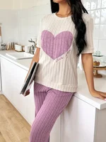 Autumn Winter Two-Piece Pajamas Set for Women Sleepwear Heart Print Round Neck Short Sleeve Long Pants Home Wear - Image 4