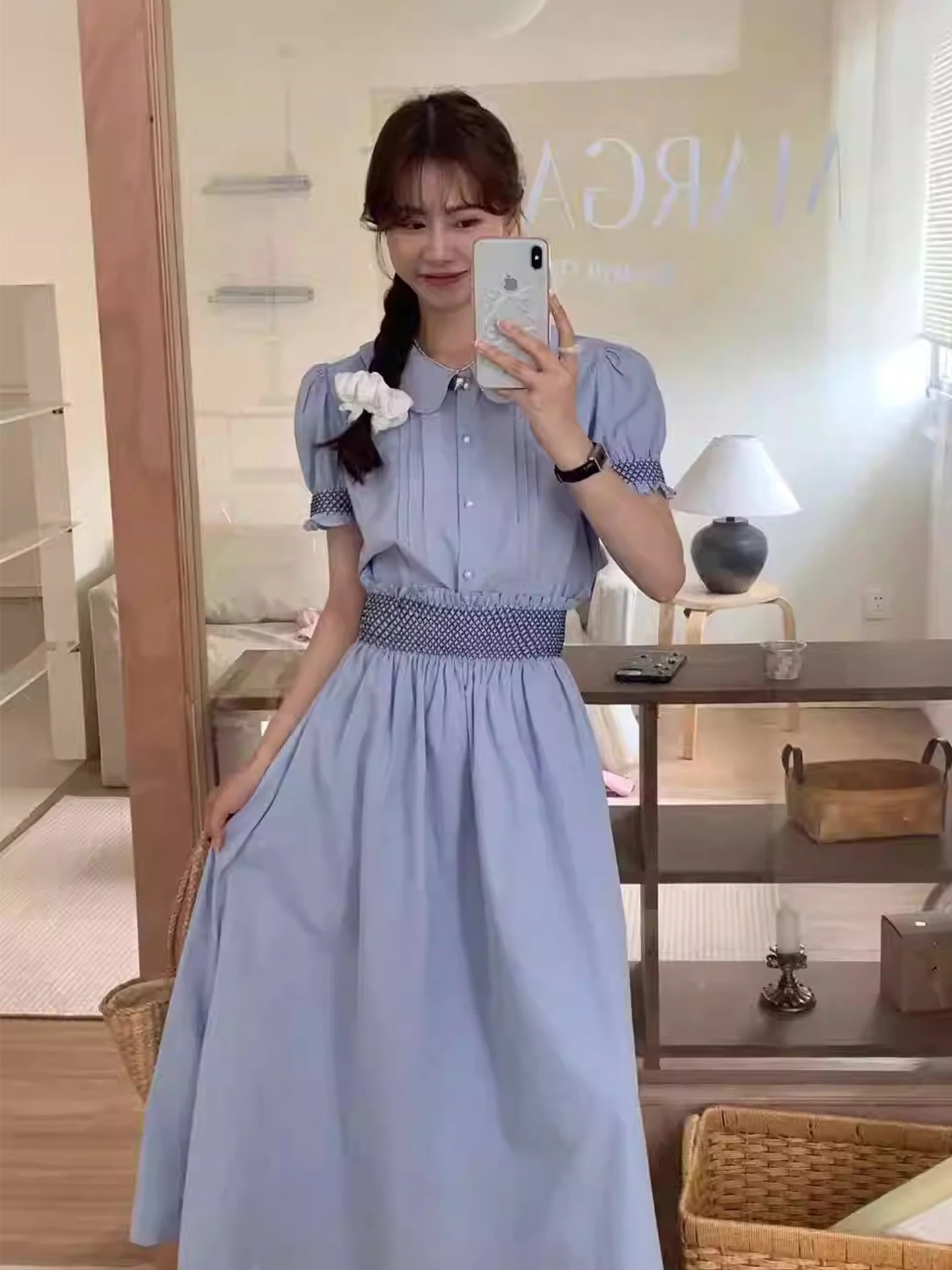 

Fashionable Doll Collar Short Sleeve Shirt And High Waist Skirt Set for Women Summer New Style Two Piece Suit Commute Style