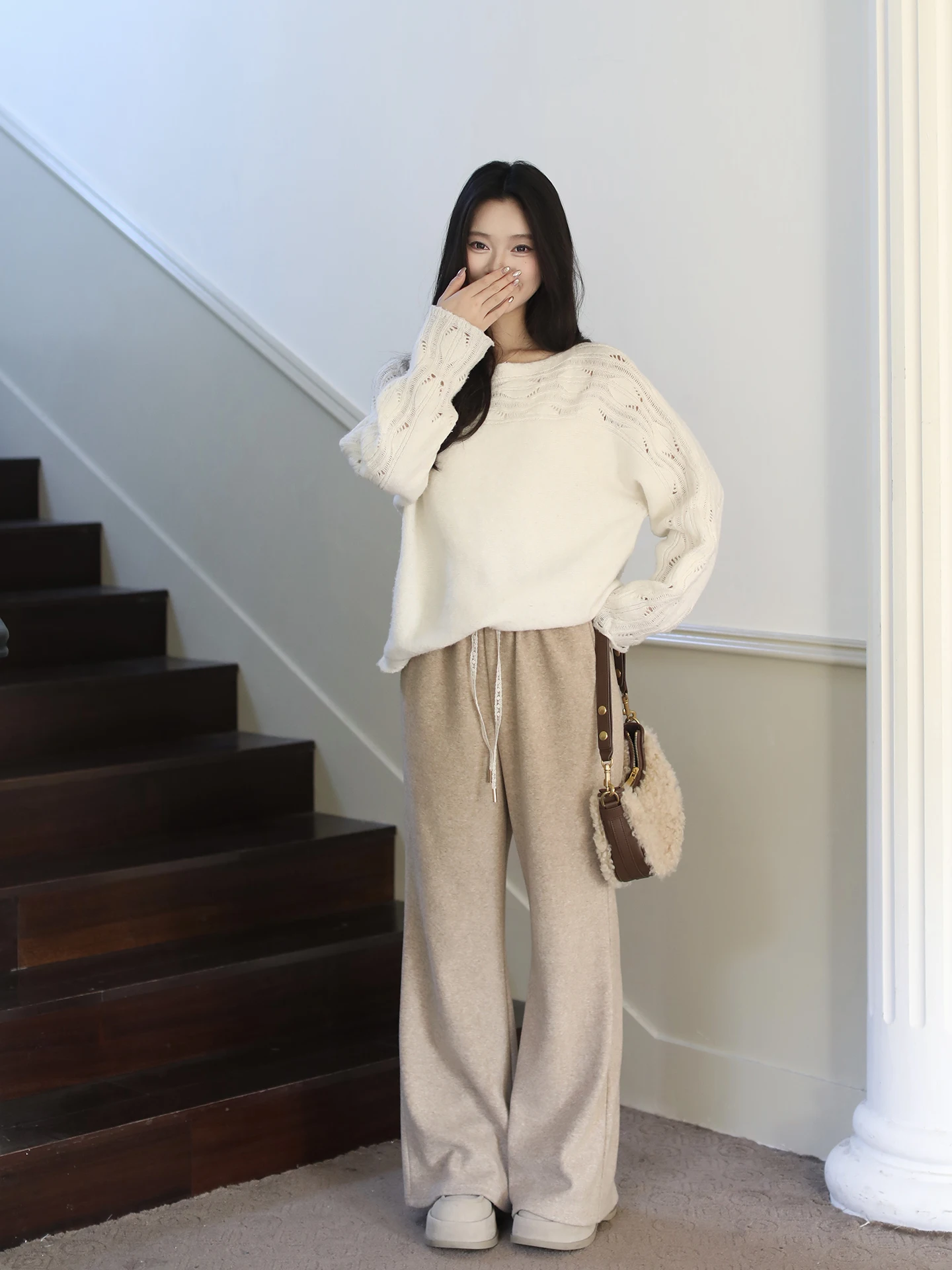 

Faionable High-Waist Fce-Lined Flared Pants Women's Casual Trousers Autumn Winter Warm Slimming Sli Commute Sle
